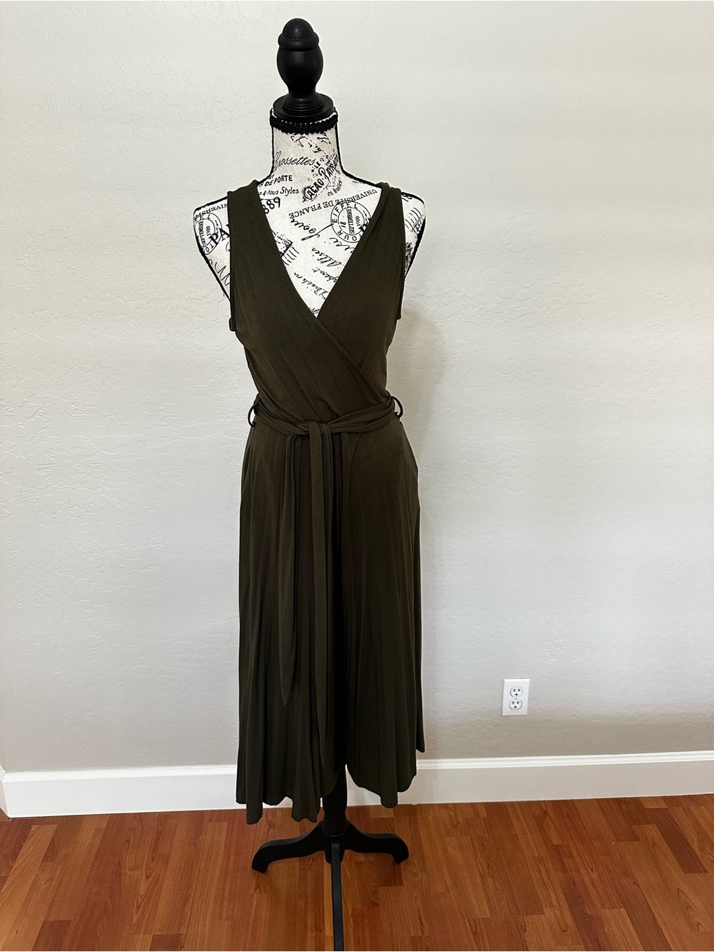 Sleeveless Carly Jean Olive Wrap Jumpsuit with Tie Waist